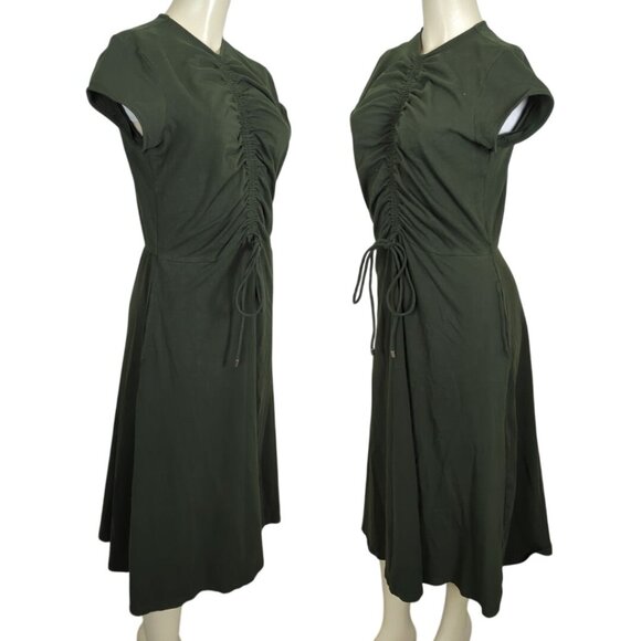 eShakti cap sleeve Ruched drawstring‎ Cotton Jersey dark olive green dress 14 - Picture 2 of 16